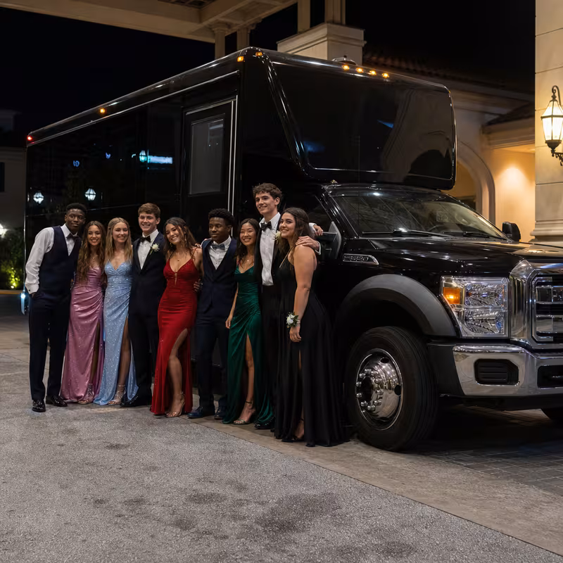 Party bus interior with wraparound leather seating and LED lighting in Salinas