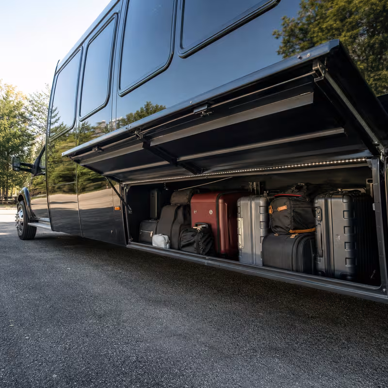 Party bus interior with wraparound leather seating and LED lighting in Salinas